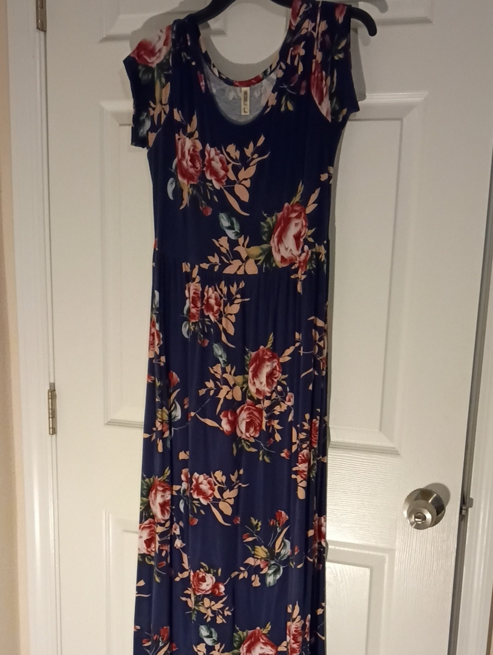 Navy Floral Maxi Dress with Pink Rose Print With Pockets